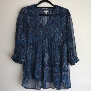 Joie • Navy Floral Silk Sheer Long Sleeve Flowy Top • small